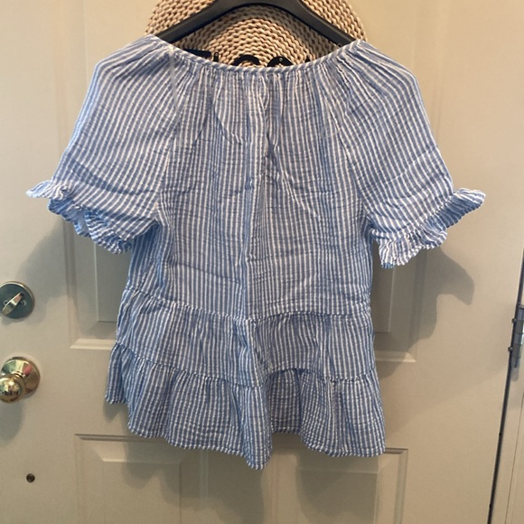 NEW! Beach Lunch Lounge Gauzy Stripe Tiered Ruffled Top V-Neck Short Sleeve Sz M - Picture 3 of 7